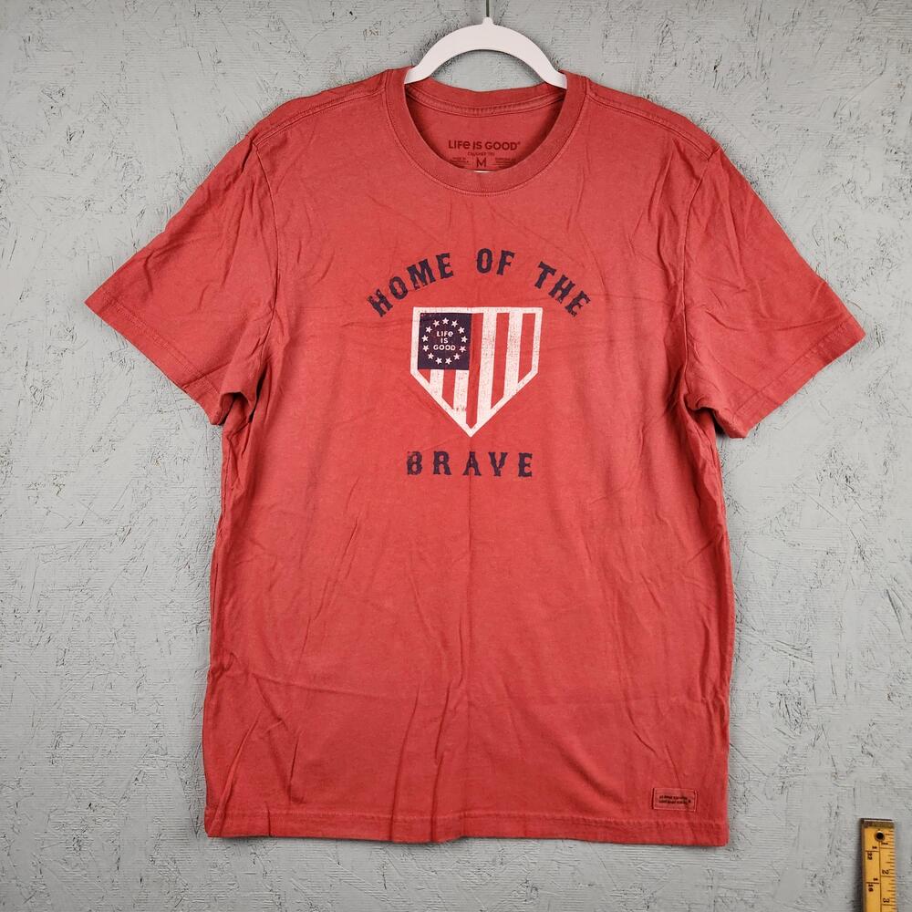 Life Is Good Shirt Mens Medium Red Crusher Tee Home of the Brave Flag Patriotic